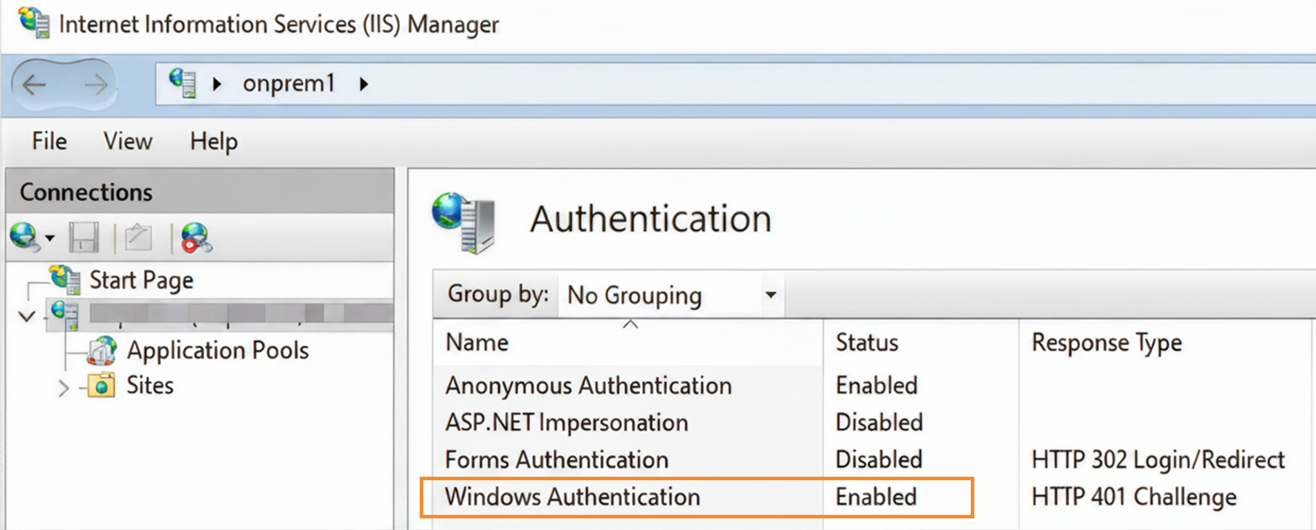 IIS Manager showing Windows Authentication enabled in the Authentication settings.